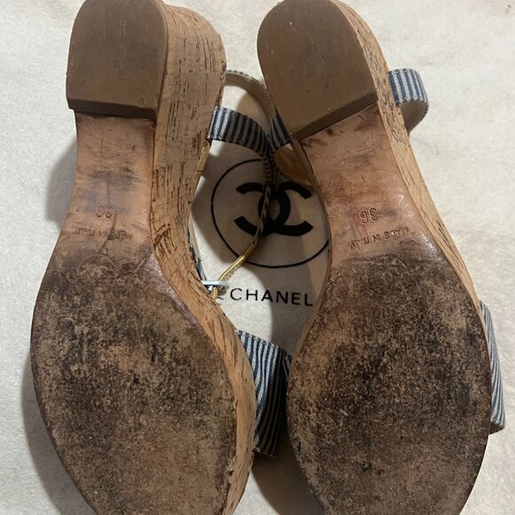 CHANEL Resort Cork Wedges Blue Striped Yellow CC Ankle Strap Shoes 36 6 - Picture 8 of 16